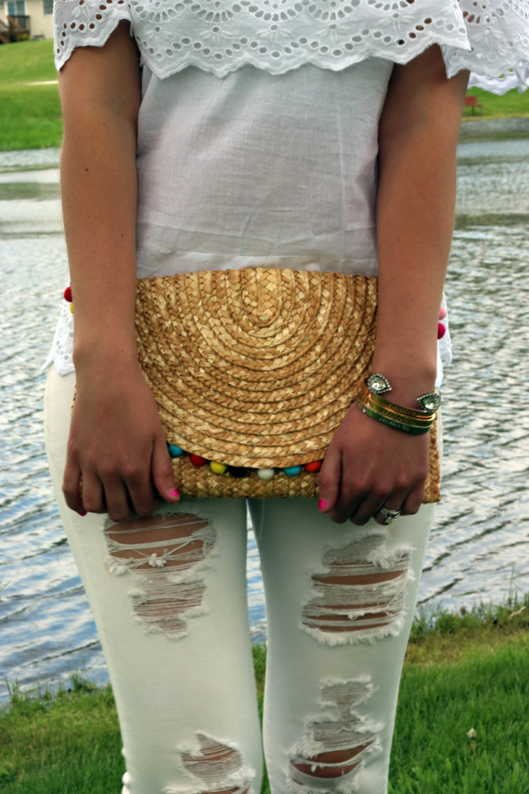 Francescas pom pom clutch, distressed denim, white on white look