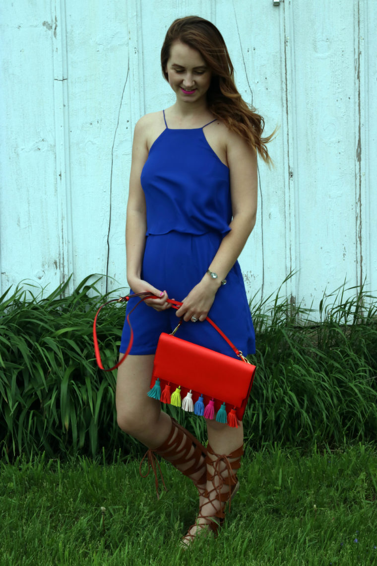 Rebecca Minkoff tassel bag, royal blue romper, tassels