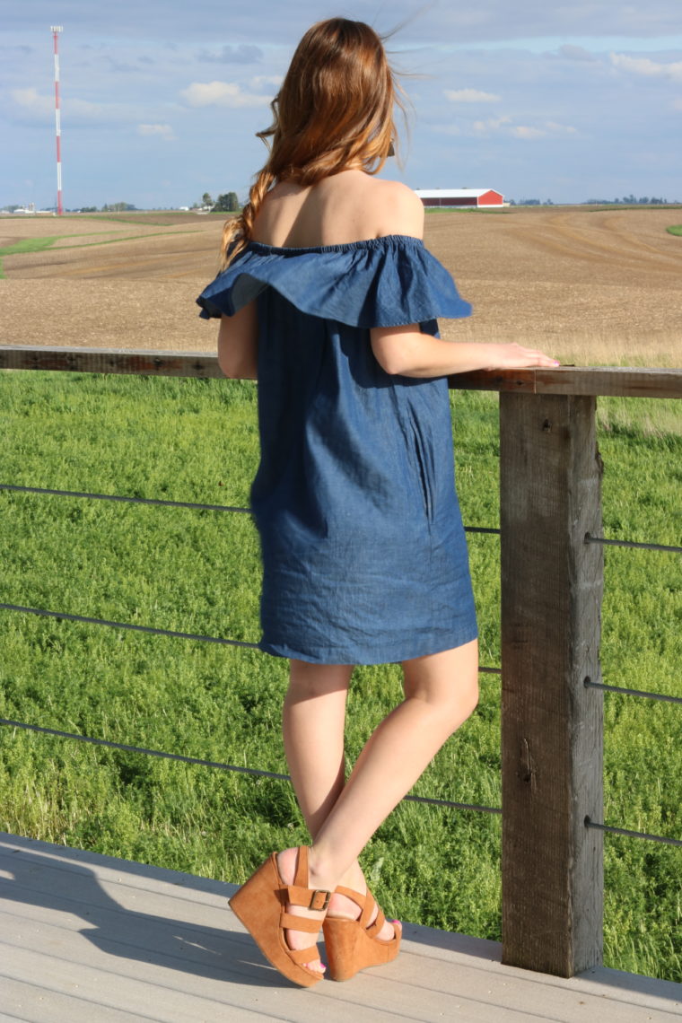 Target suede wedges, off the shoulder dress, chambray dress