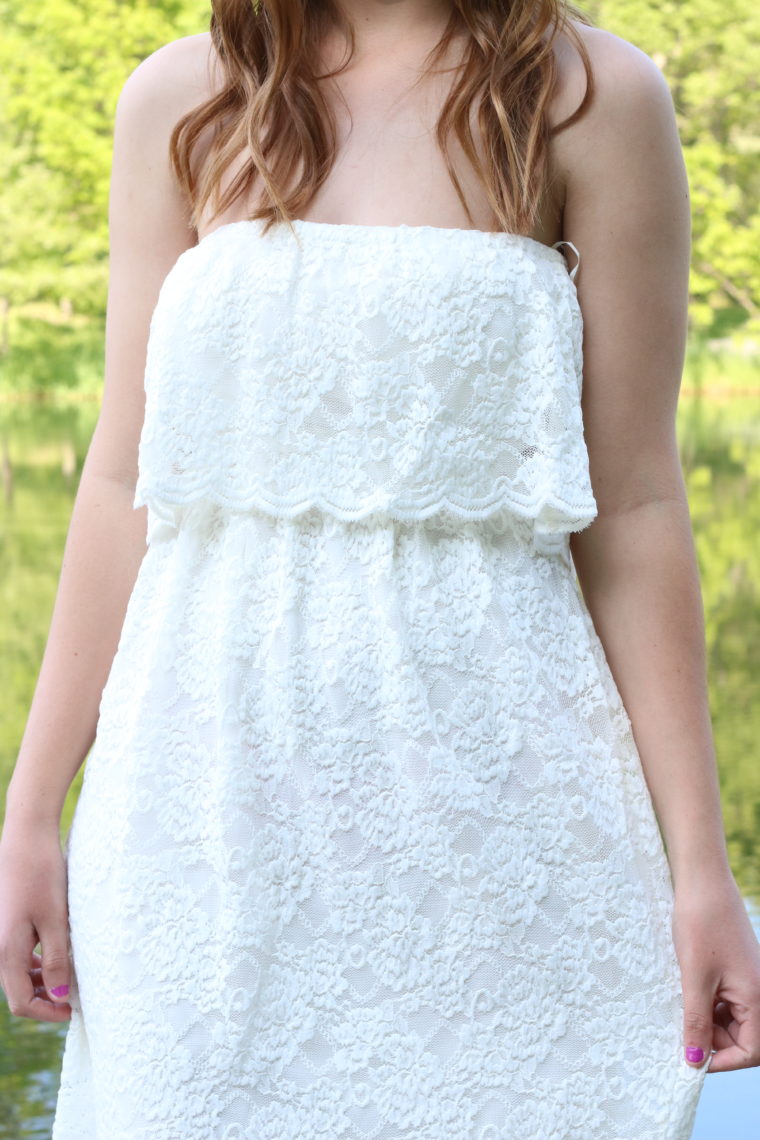 Express white lace dress, spring, nature, pond, dock