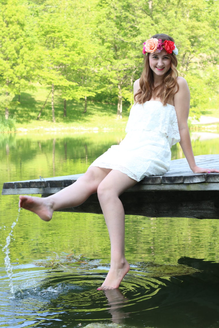 Express white lace dress, floral headband, Headbands of Hope. nature, pond, free spirit, for a good cause