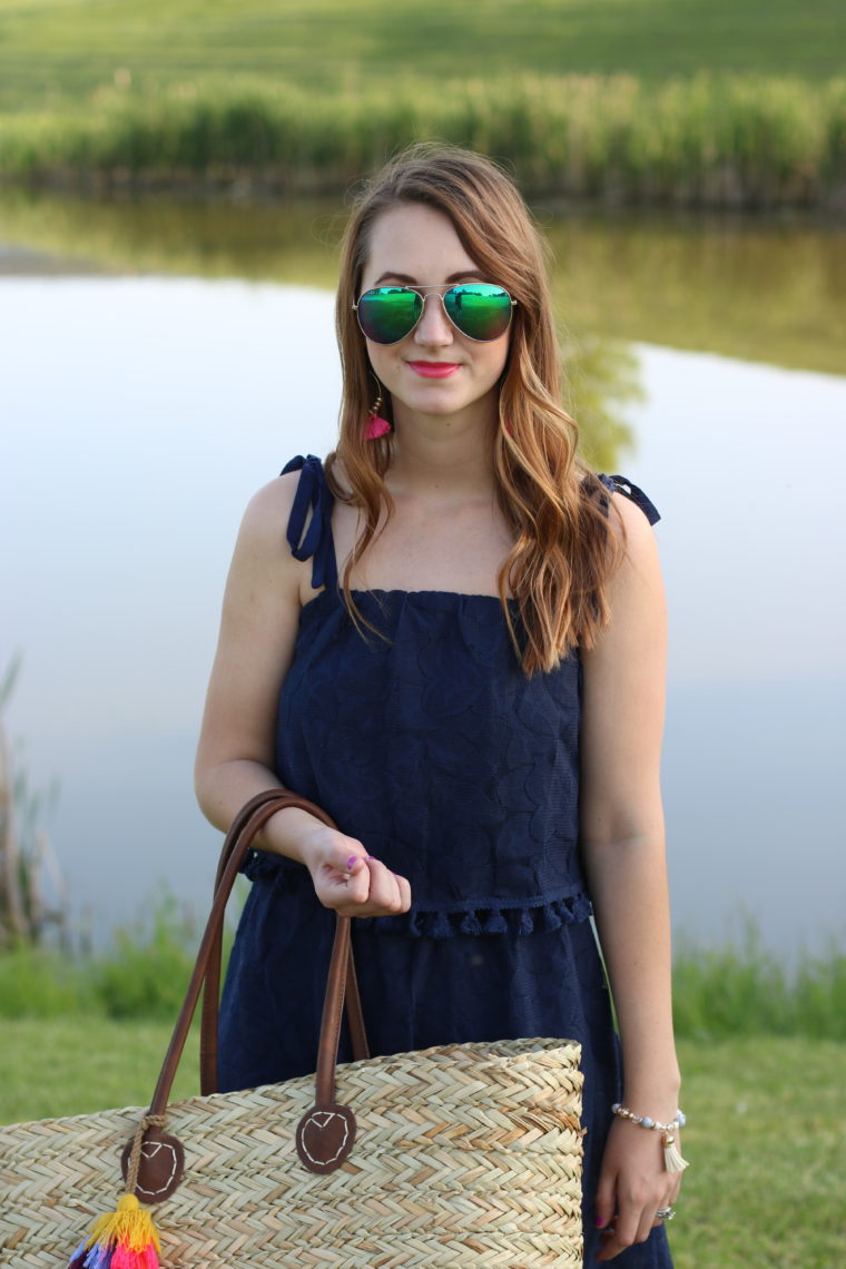 Target tassel beach tote, navy blue pom pom dress, tassel earrings, beach look 