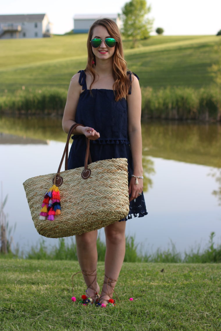 Target navy blue dress, straw beach tote, tassels 