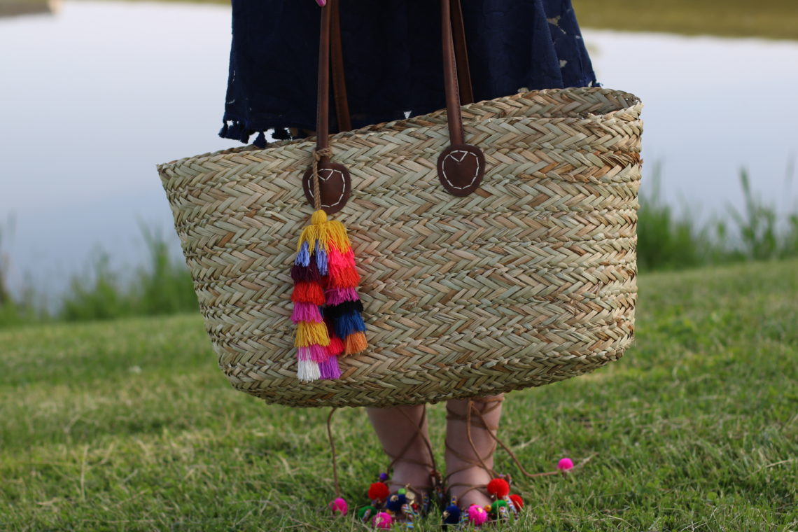 Target tassel straw tote, Chinese Laundry pom pom sandals, beach look