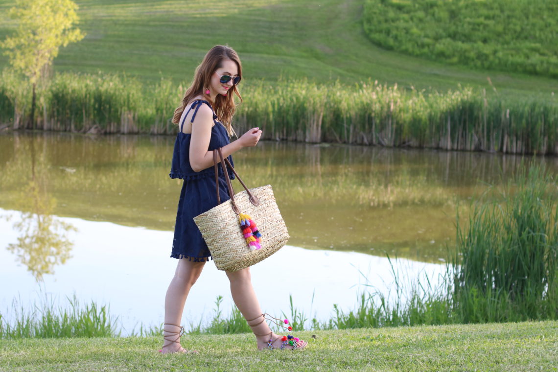 beach babe, summer look, Target pom pom dress, tassel straw tote, mid west blogger