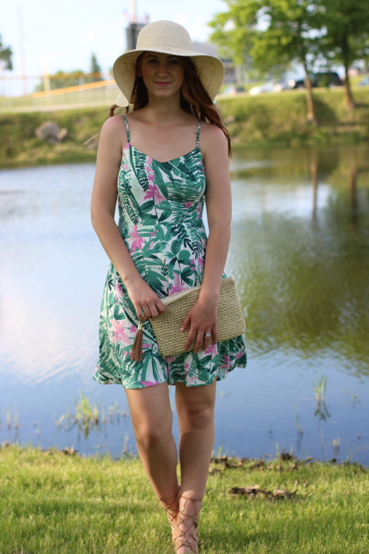 Old Navy dress, palm tree dress, floppy hat