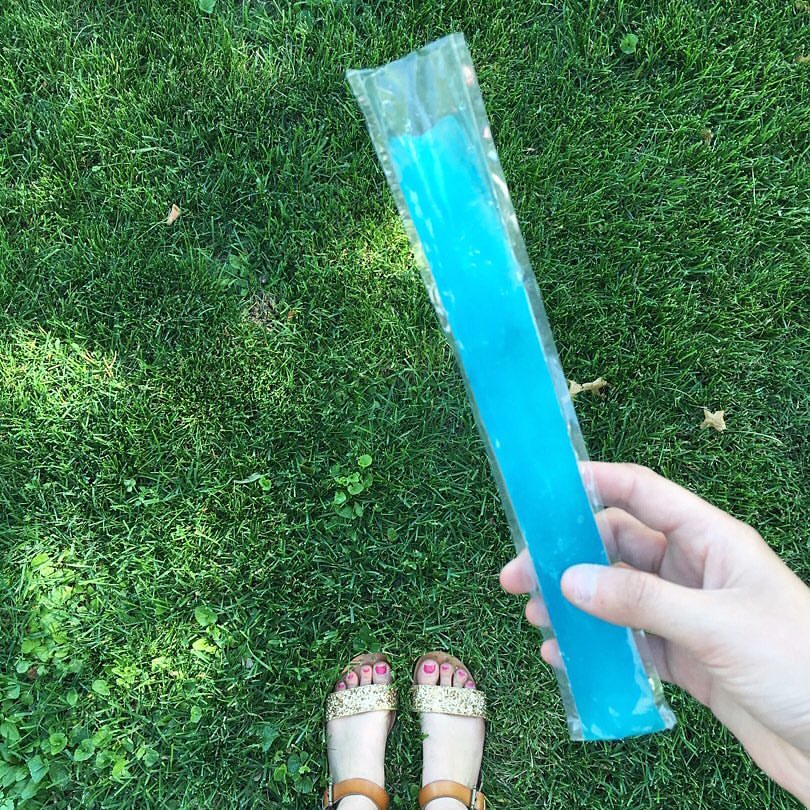 Summer, sequin sandals, Summer, green grass, blue popsicle