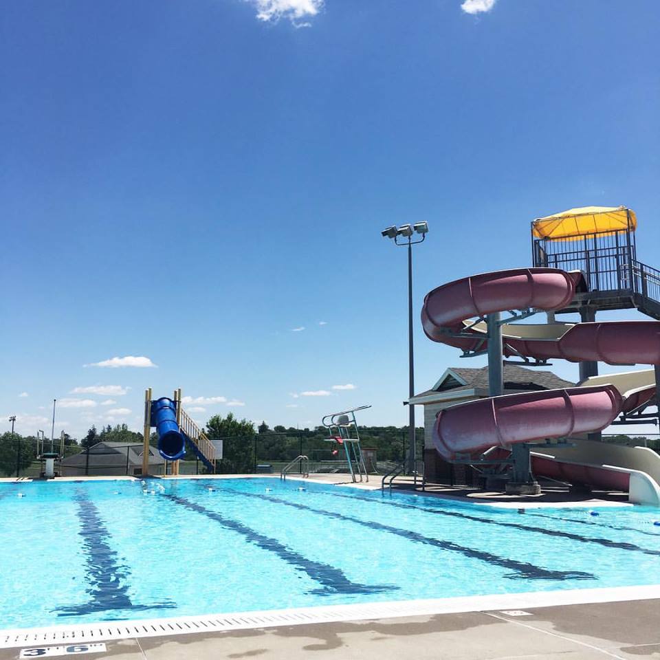 sunny day, pool day, Monday, Williamsburg Aquatic Center, Summer, blue slide, red slive, diving board, blue sky, Iowa