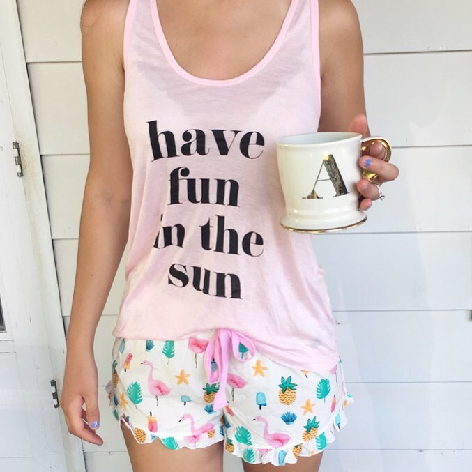 Forever 21 pajamas, pineapple pajamas, summer pjs, flamingos, pineapples, have fun in the sun, monogram mug, Anthropologie mug