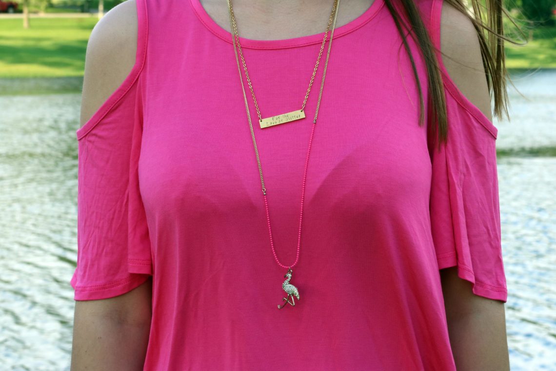 bar necklace, flamingo necklace, pink dress