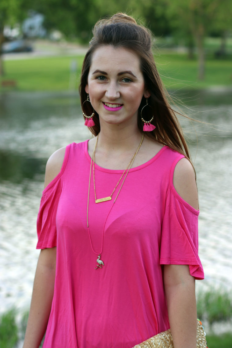 tassel earrings, pink dress, bar necklace, summer outfit