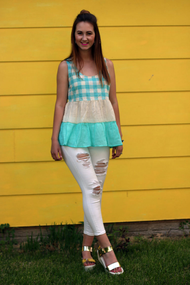 gingham peplum top, lace, top knot, platform sandals