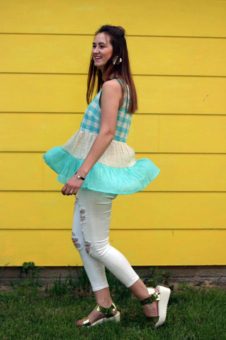 girly look, Love Me Apparel peplum top, gingham tank, top knot