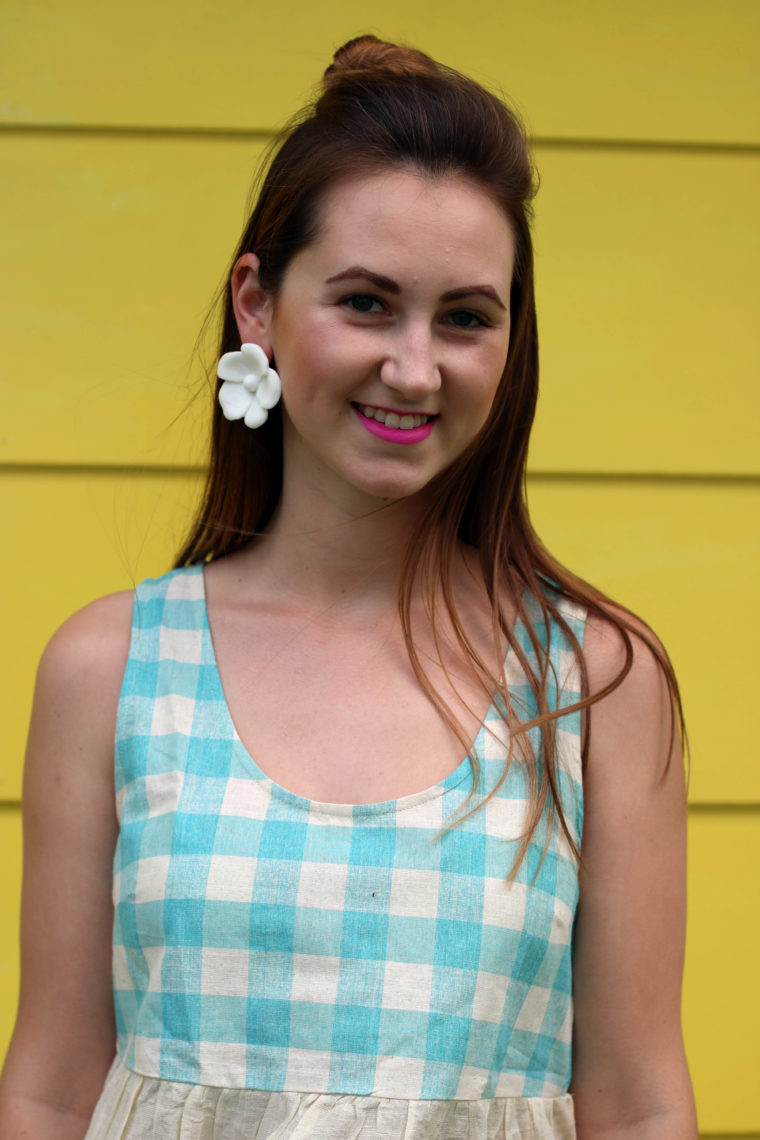 Love Me Apparel top, gingham tank, white flower earrings