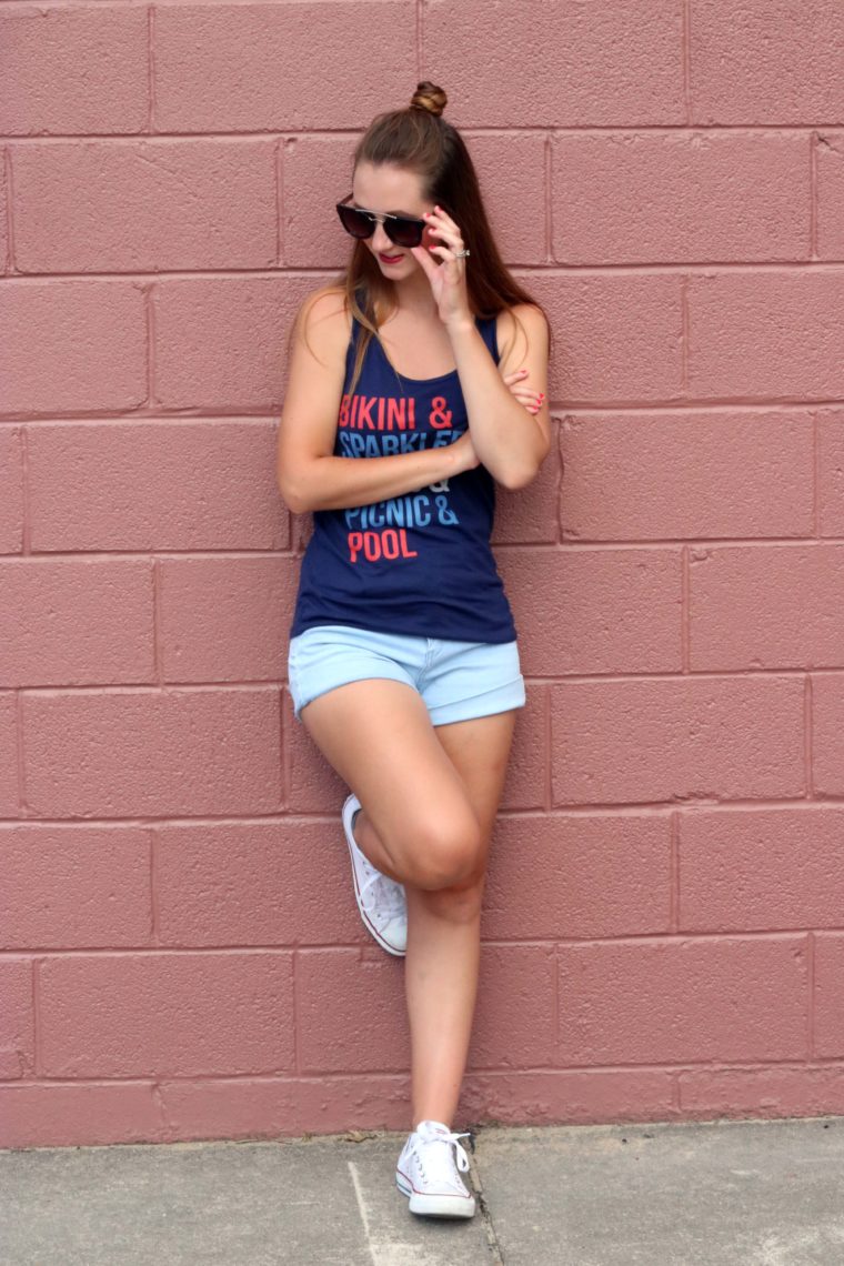 white converse, red, white and blue tank, 4th of July outfit
