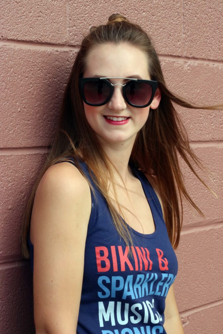 Nasty Gal sunglasses, red lip, 4th of July top, Summer