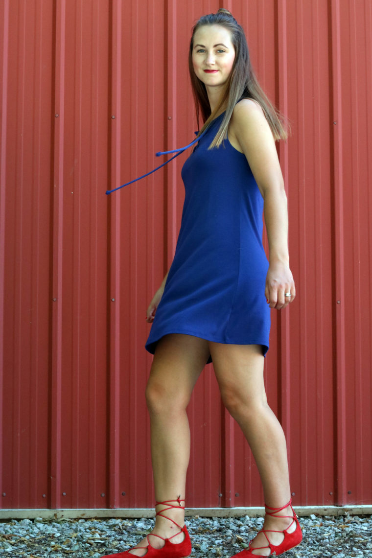 twirling, blue dress, 4th of July dress, Dry Goods dress, lace up flats