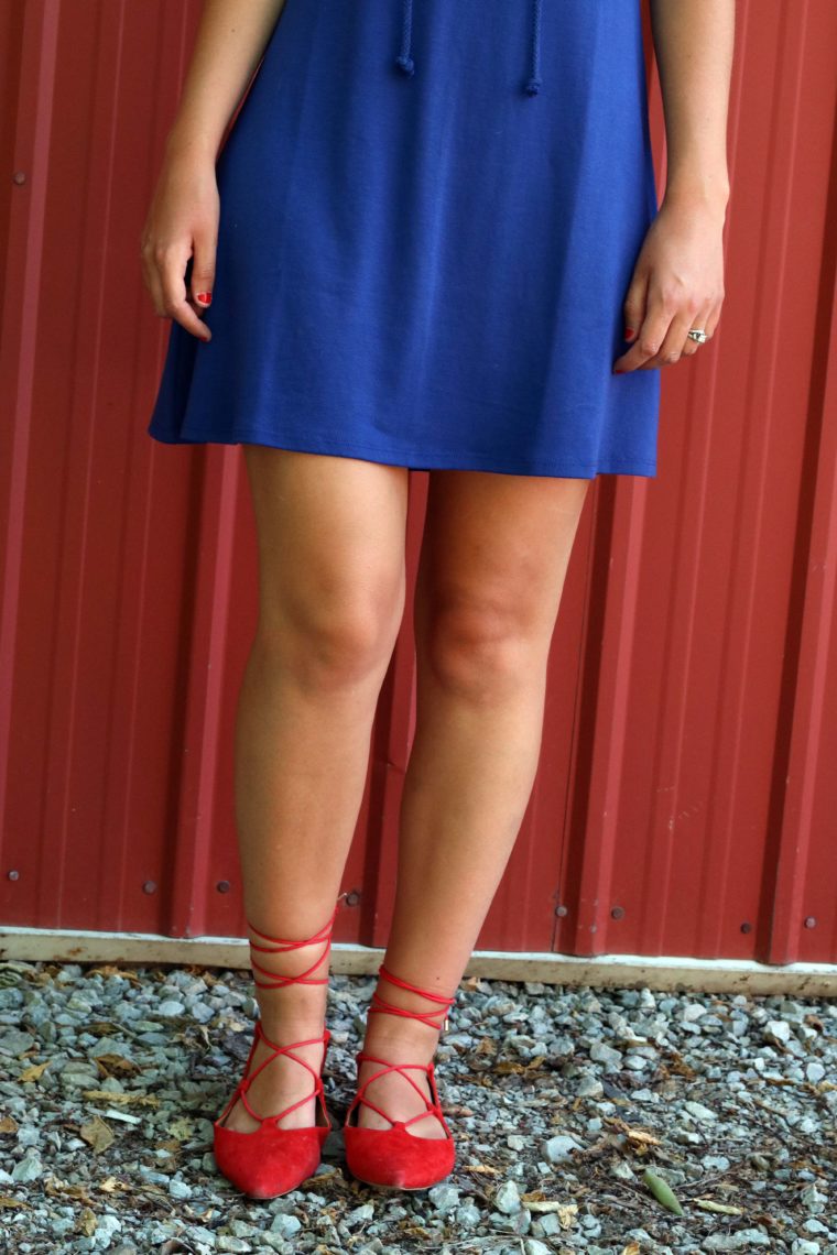 blue dress, red lace up flats, 4th of July look, red, and blue