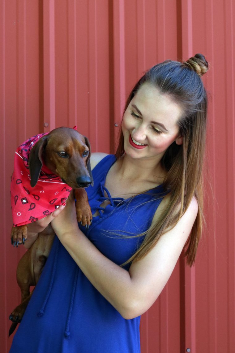 Batman, bandanna, red, white, and blue look, weiner dog, top knot