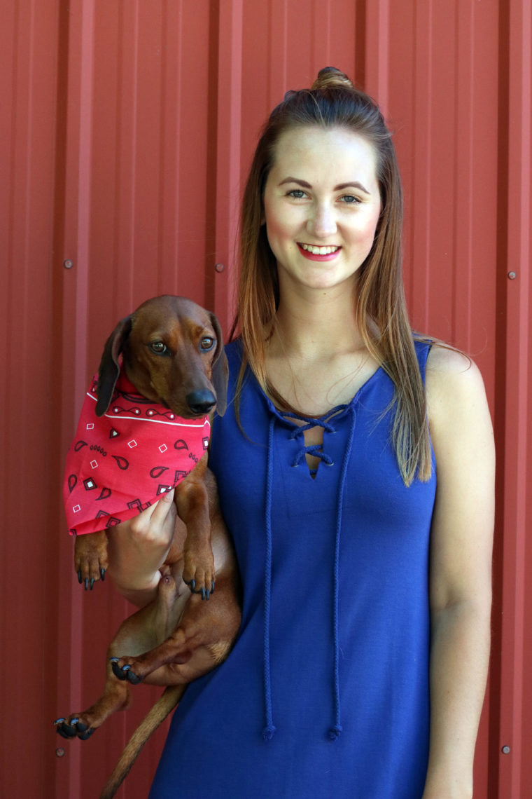 Dry Goods, blue dress, 4th of July look, red bandanna, Batman 