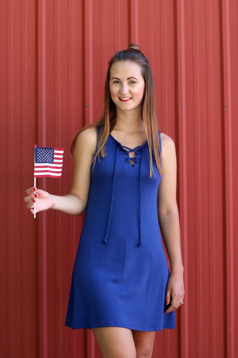 American flag, blue lace up dress, 4th of July outfit, red lipstick