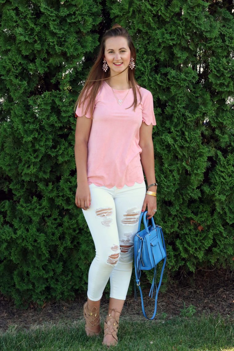 Dry Goods, scalloped top, Loren Hope cuff bracelet, Rebecca Minkoff tote, suede top