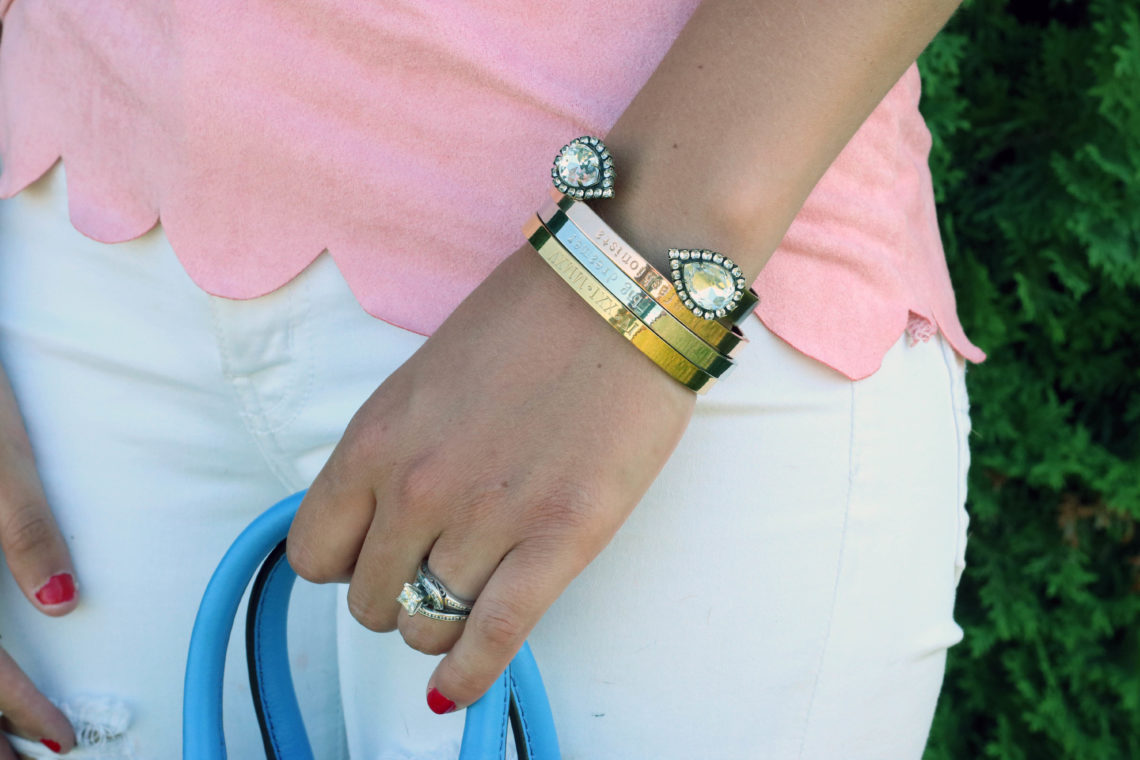 Taudrey Jewelry, Fashionista's Diary bracelet set, Loren Hope cuff, diamond ring, pink scallops