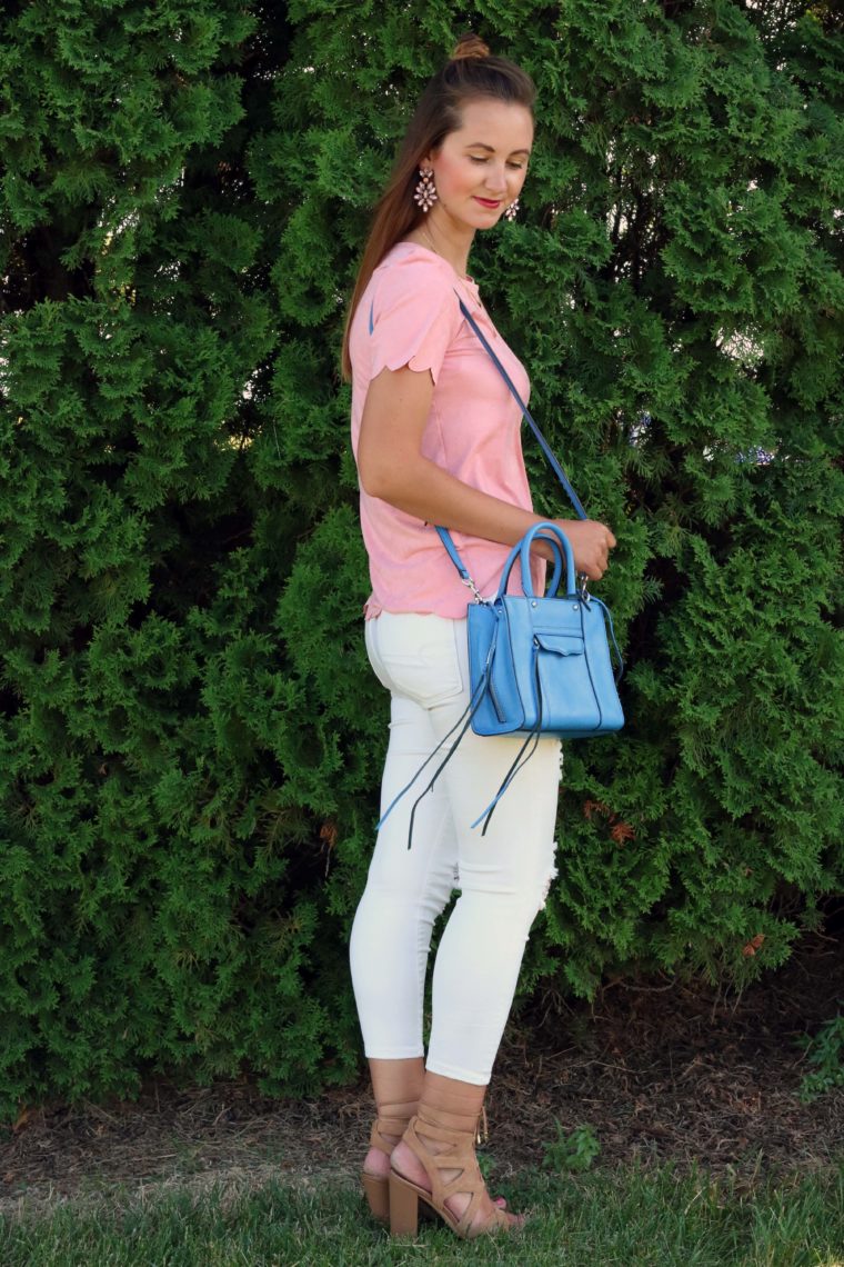 Sam Edelman, lace up sandals, girly outfit, pink scalloped shirt, blue tote