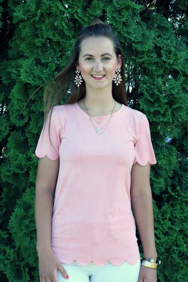 Happiness Boutique earrings, statement earrings, pink scalloped top, top knot, pink outfit