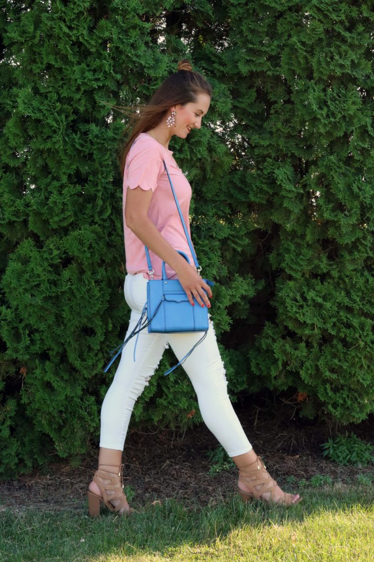 lace up sandals, pink look, scalloped top, blue tote, distressed denim