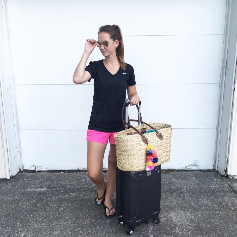 Kohls luggage, Nike top, Nike shorts, Target tassel beach bag, travel blogger, going to Utah