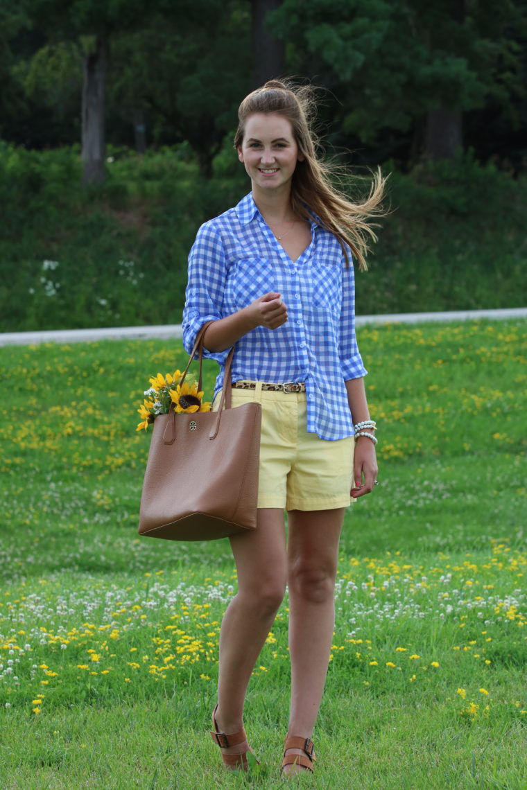 picnic outfit, gingham top, yellow shorts, top knot, suede wedges