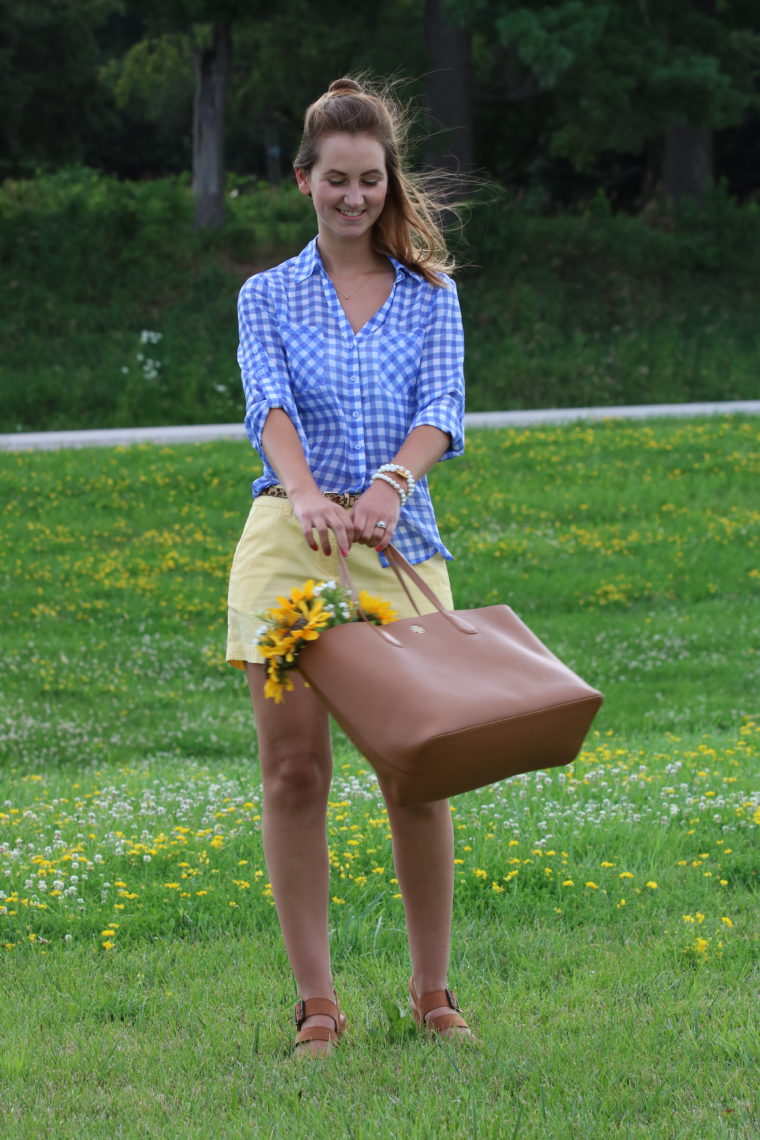 Tory Burch tote, brown bag, gingham top, yellow shorts, leopard belt, pattern mixing