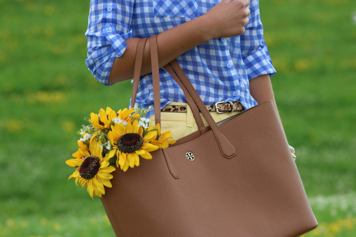 Tory Burch tote, sunflowers, brown bag, leopard belt, picnic outfit, summer outfit