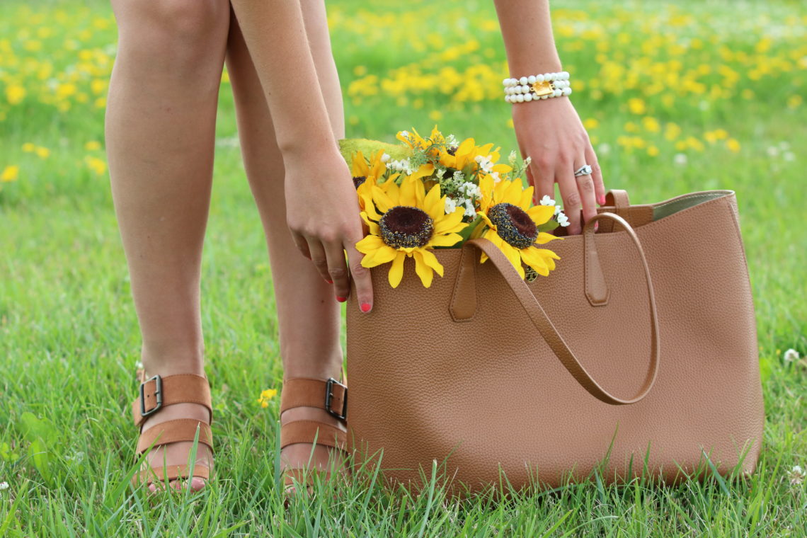 Target wedges, suede wedges, Tory Burch tote, sunflowers, Taudrey Jewelry bracelet