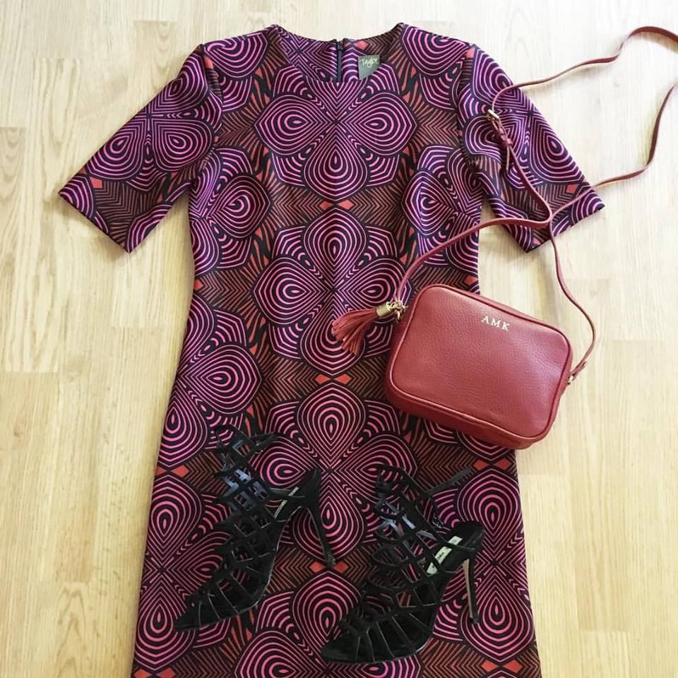 maroon bag, Steve Madden heels, pink and orange dress