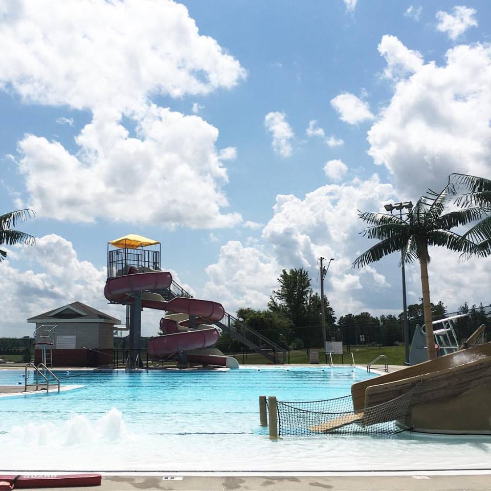 clouds, pool, red slide, palm trees, aquatic center, Summer
