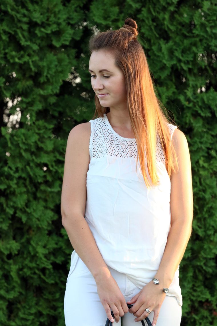 Old Navy top, eyelet tank, white outfit, straight hair