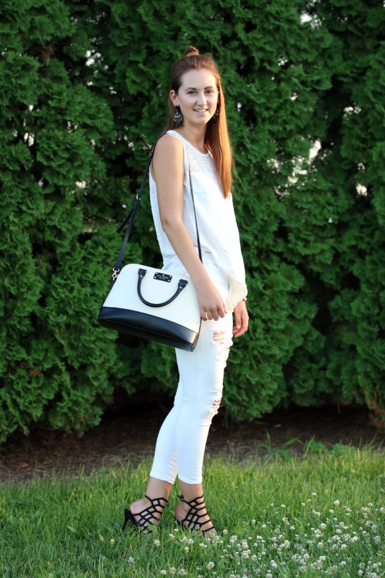 black and white outfit, Kate Spade bag, Steve Madden heels