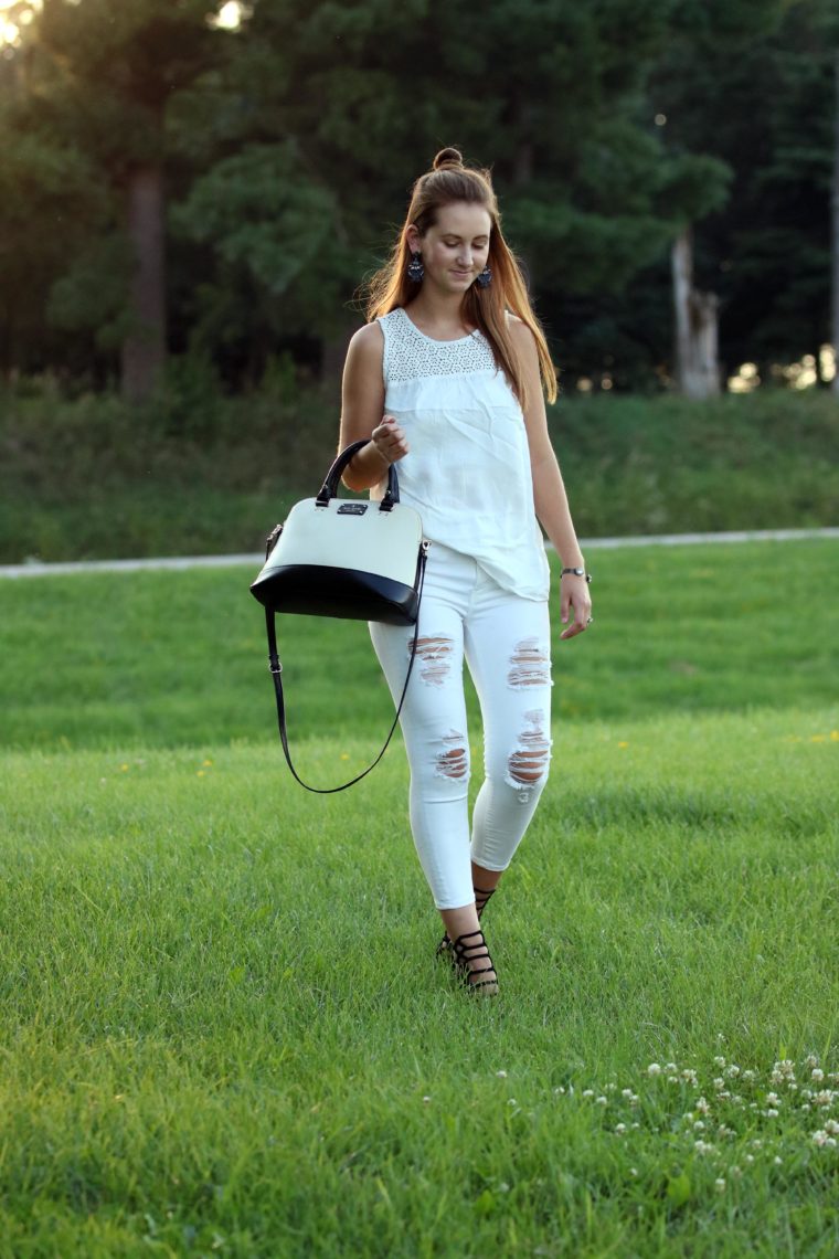 white on white, black and white bag, top knot, Old Navy tank