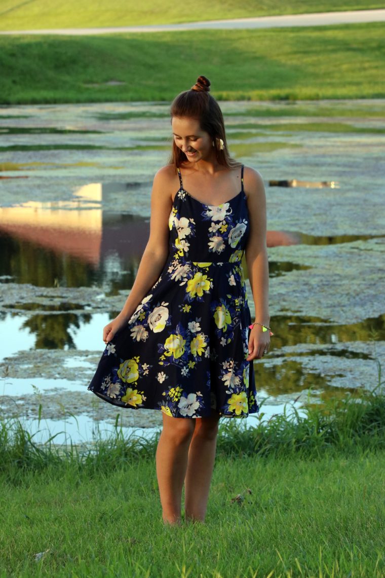 navy and yellow floral dress