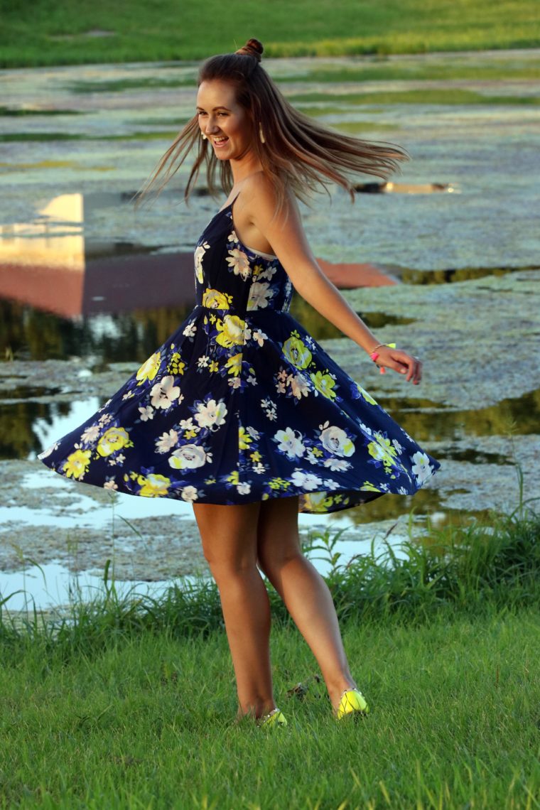 top knot, spinning around, Old Navy dress, cami dress, neon yellow flowers