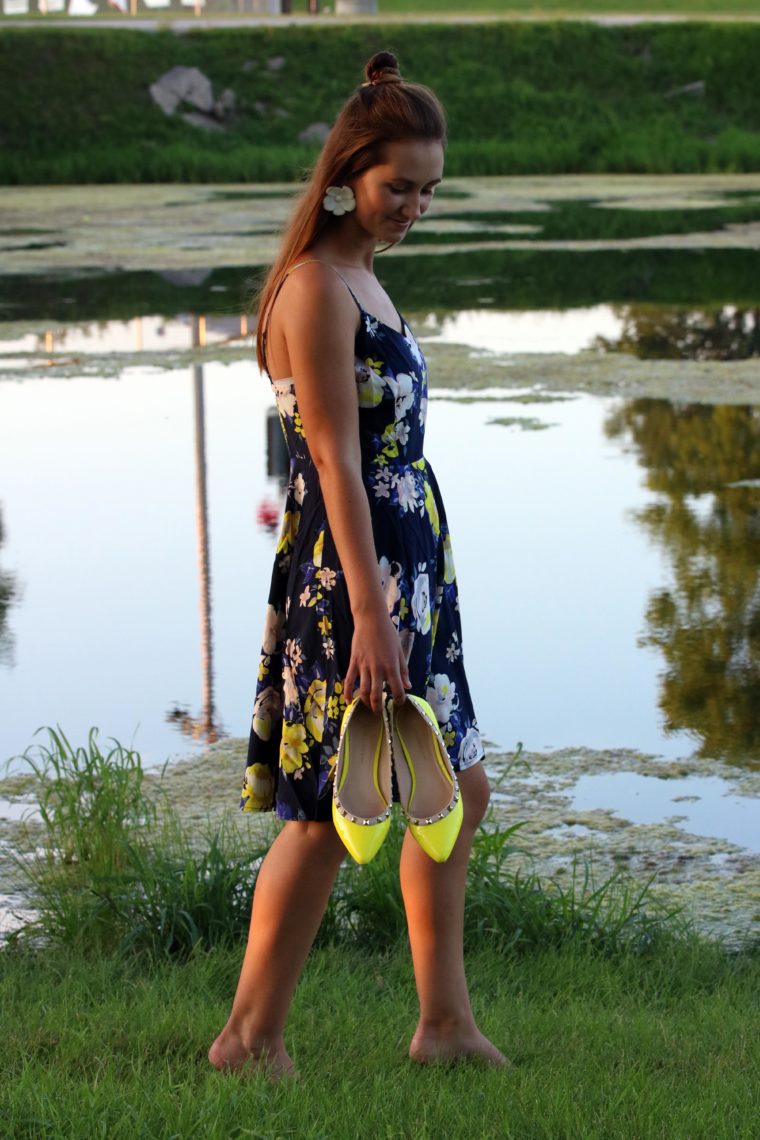 GoJane flats, neon yellow studded flats, neon dress, top knot