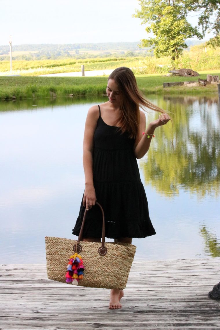pond, black dress, beach tote, Summer