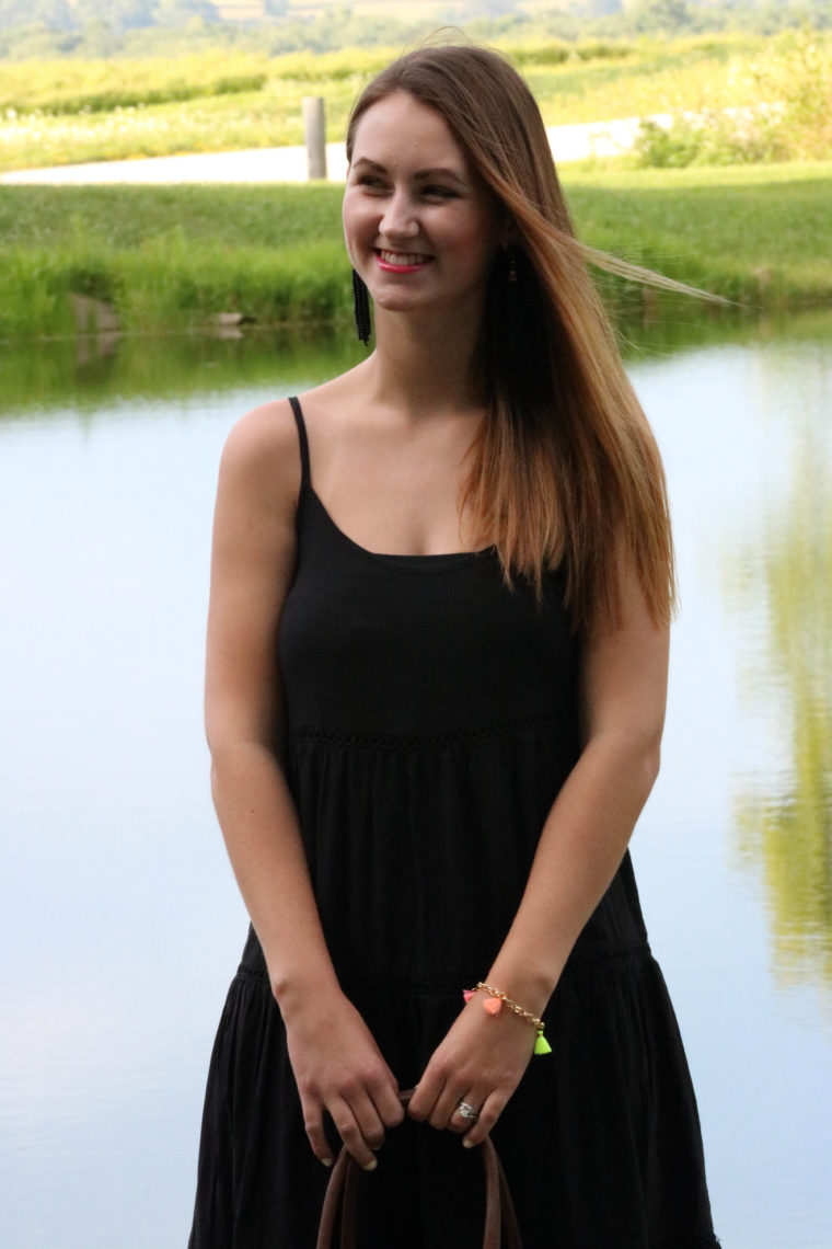 blonde hair, black dress