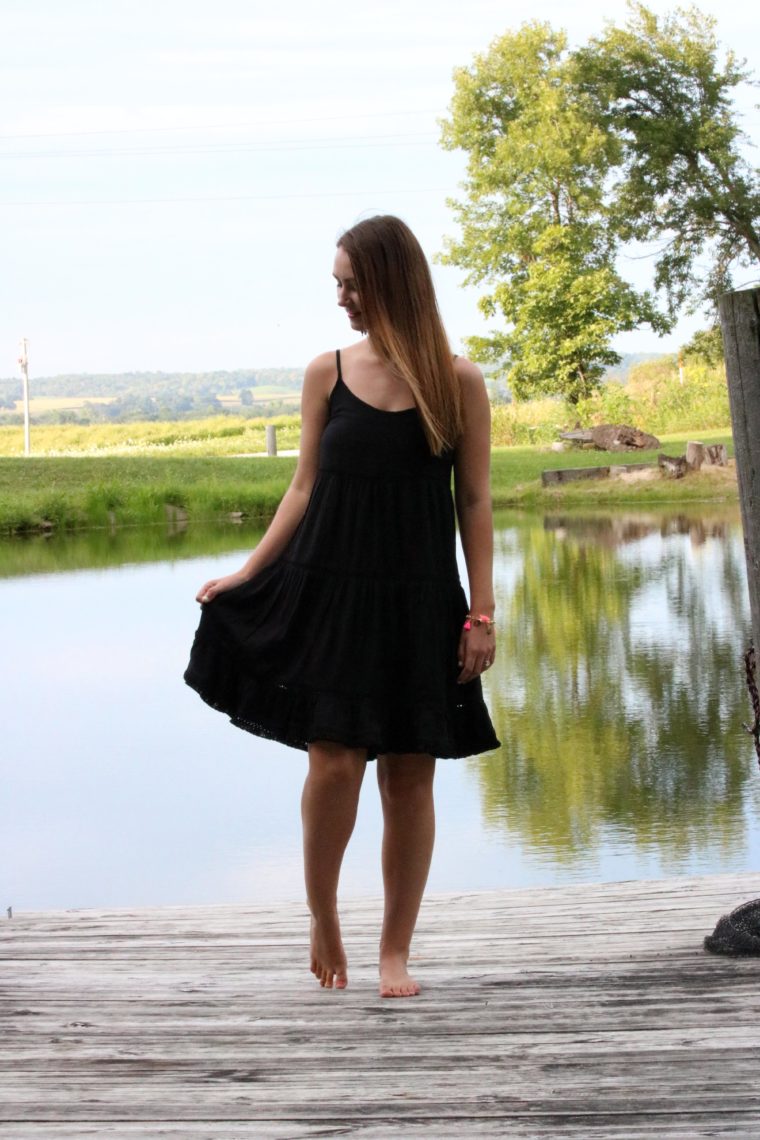 black dress, Target dress, pond, straight hair, Summer