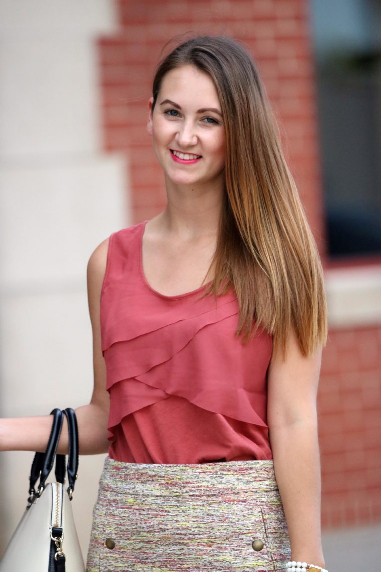 business attire, ruffle top, button skirt, straight hair