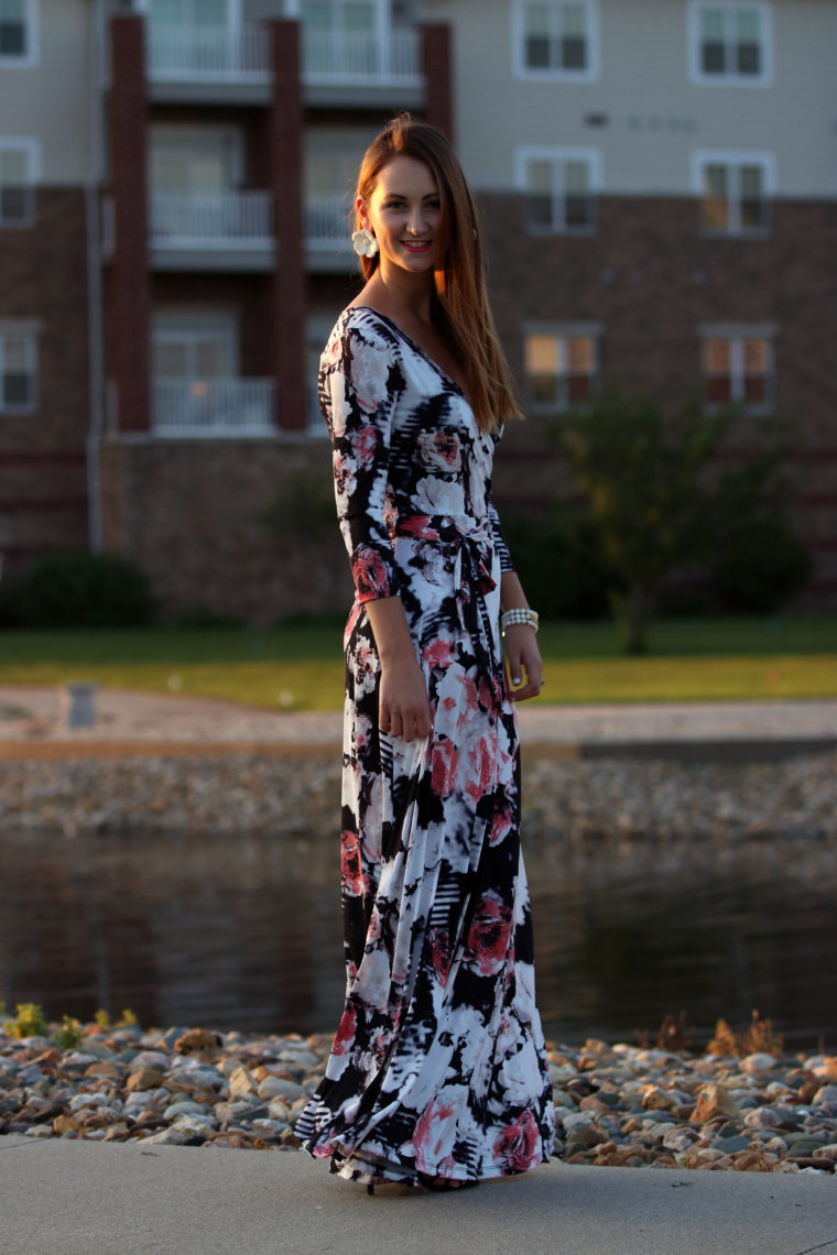 floral maxi dress, long dress, Tara Lynn's Boutique, white floral earrings