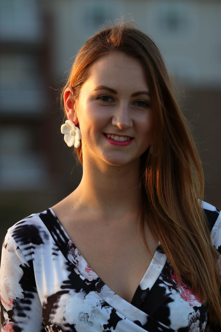 floral earrings, long hair, floral dress