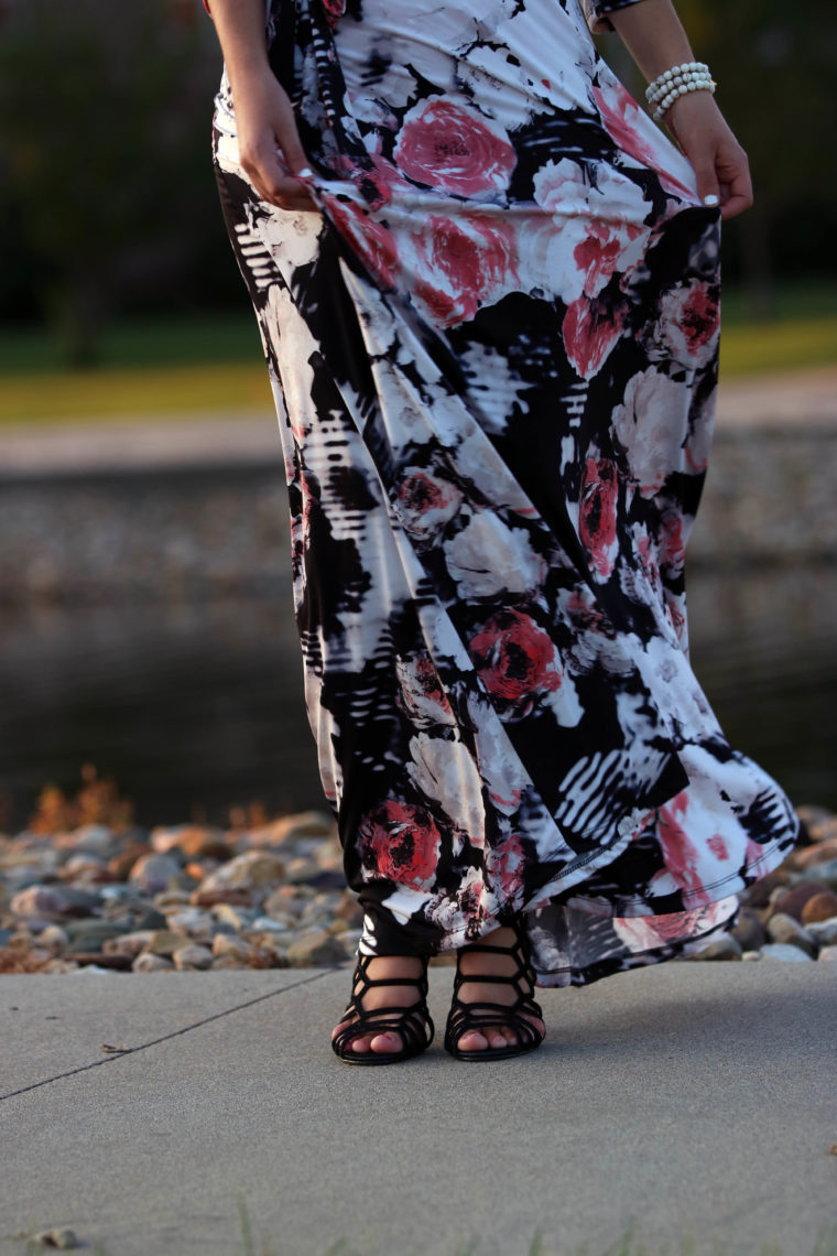 floral dress, Steve Madden heels, black heels